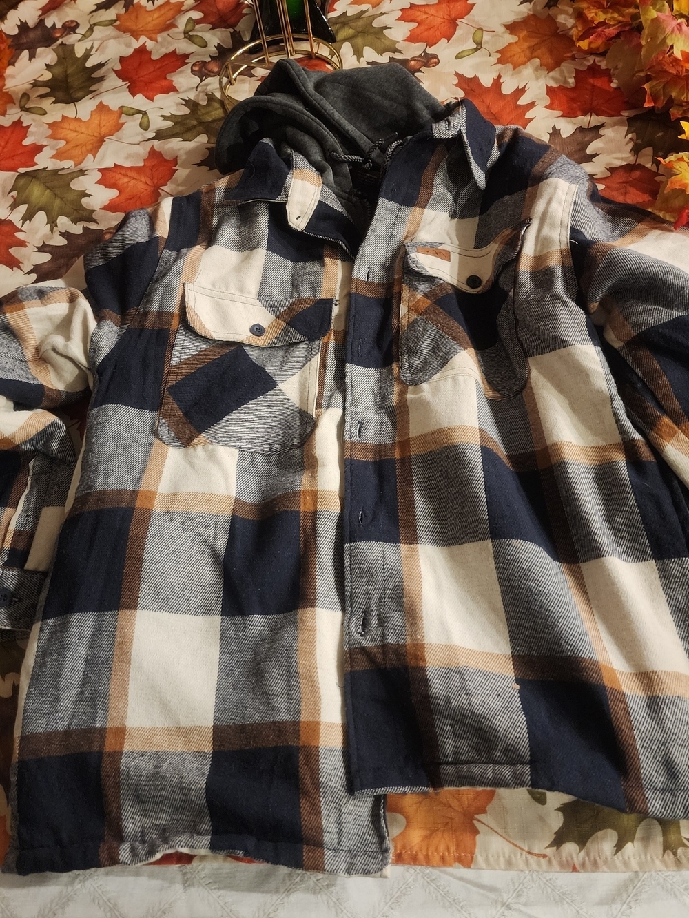 Men's Navy & Brown Plaid Lightweight Hooded Shirt Jacket